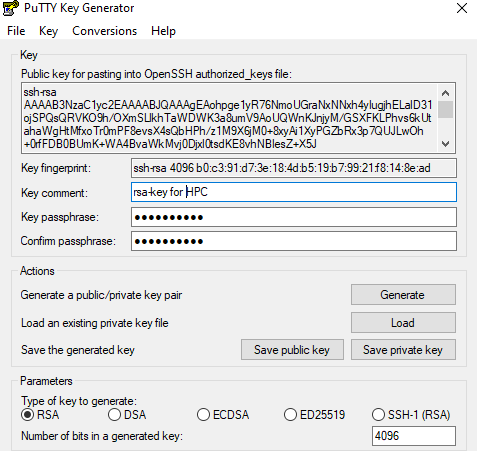 Filled PuTTYgen screen