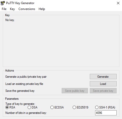 Initial PuTTYgen screen