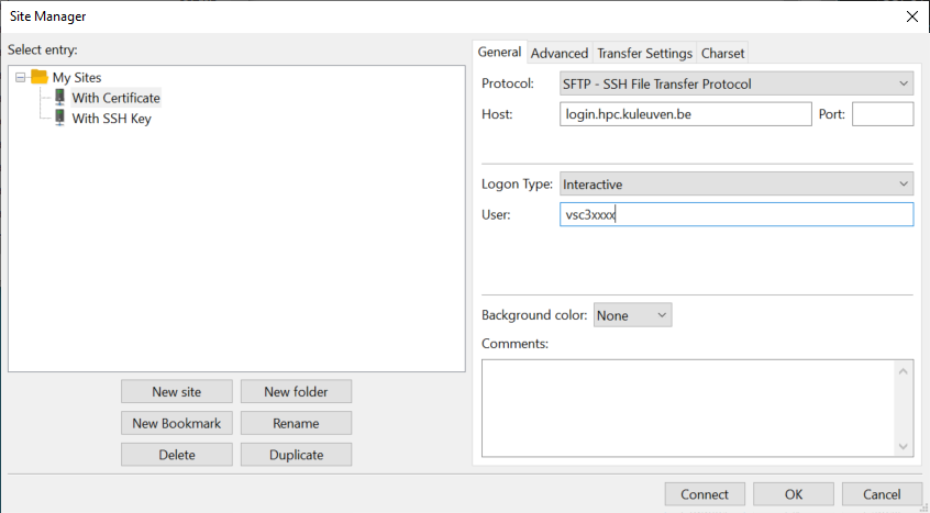 FileZilla's site manager for KU Leuven clusters