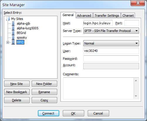 FileZilla's site manager for UGent, VUB, UAntwerpen